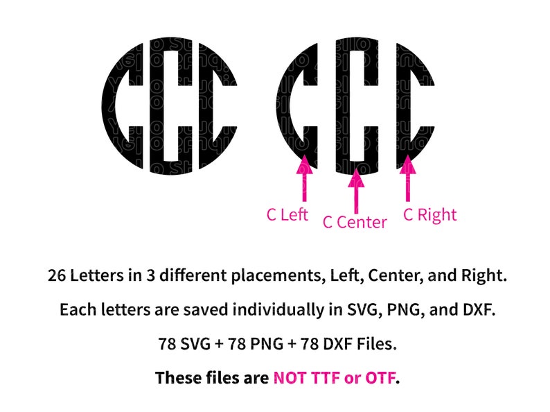 May include: A black and white image of the letter "C" in three different positions: left, center, and right. The image is a graphic design element for creating monograms. The text below the image reads "26 Letters in 3 different placements, Left, Center, and Right. Each letters are saved individually in SVG, PNG, and DXF. 78 SVG + 78 PNG + 78 DXF Files. These files are NOT TTF or OTF."