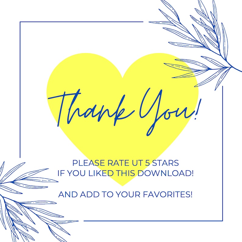 Puede incluir: Un coraz&oacute;n amarillo con el texto "Thank You!" dentro de un marco azul. El texto debajo del coraz&oacute;n dice "PLEASE RATE UT 5 STARS IF YOU LIKED THIS DOWNLOAD! AND ADD TO YOUR FAVORITES!"
