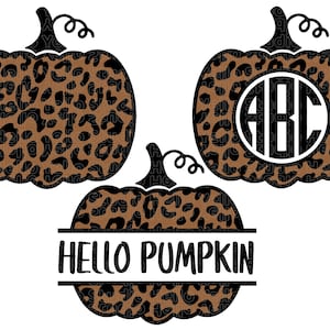 May include: Three black and brown leopard print pumpkins. One pumpkin has the text "HELLO PUMPKIN" on a white banner. Another pumpkin has a circle with the letters "ABC" inside.