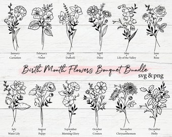 Birth Month Flower Bouquet Svg Bundle, Birth Month Flower, Flower Svg, Floral Svg, Birth flower,Flower Bouquet,flower,flowers,tattoo,Svg,Png