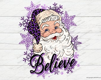 Santa believe PNG, Santa Png, Christmas Png,Santa sublimation design download,Believe,Santa,christmas,leopard,purple,santa hat,snowflake,png