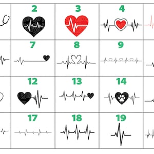 May include: Twenty different variations of a heartbeat graphic with a heart symbol. The heart symbols are in black, red, and a combination of black and red. Some of the heart symbols have additional details, such as a stethoscope, a paw print, and a cross.
