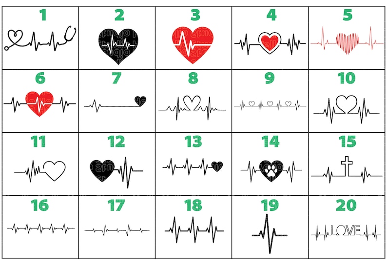 May include: Twenty different variations of a heartbeat graphic with a heart symbol. The heart symbols are in black, red, and a combination of black and red. Some of the heart symbols have additional details, such as a stethoscope, a paw print, and a cross.