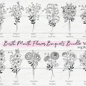 Birth Month Flower Bouquet Svg Bundle Vol.2 | Birth Month Flower Svg Png Floral Birth Flower Bouquet flowers spring tattoo mom gift Svg Png