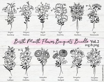 Birth Month Flower Bouquet Svg Bundle Vol.2 | Birth Month Flower Svg Png Floral Birth Flower Bouquet flowers spring tattoo mom gift Svg Png