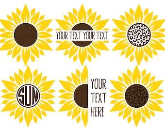 May include: Six different sunflower designs with brown centers. The centers of the sunflowers feature different designs, including a solid brown center, a leopard print, and the word "SUN" in a circle. The text "YOUR TEXT YOUR TEXT" appears above one of the sunflowers.