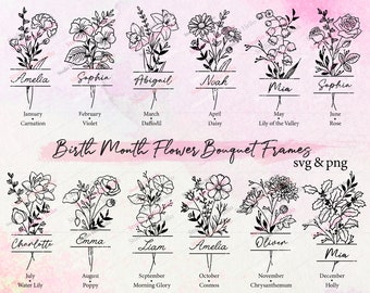 Birth Month Flower Bouquet Frame Svg Png Bundle | Birth Month Flower Svg Birth Flower Bouquet flowers floral Split Monogram frame Svg Png