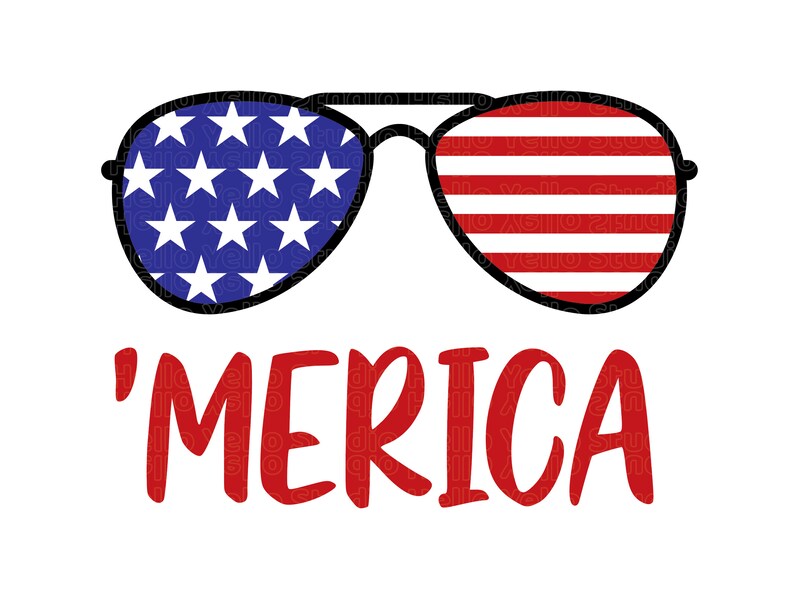 May include: A pair of sunglasses with an American flag design. The sunglasses are black with red and blue stars and stripes. The text 'MERICA' is written in red below the sunglasses.
