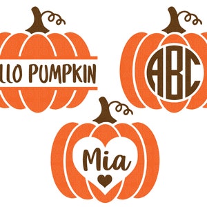 May include: Three orange pumpkin designs with brown stems and vines. One pumpkin has the text "HELLO PUMPKIN", another has the letters "ABC" in a circle, and the third has the name "Mia" inside a heart.