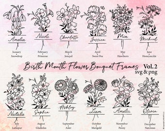 Birth Month Flower Bouquet Frame Svg Png Bundle Vol.2 | Birth Month Flower Floral Svg Birth Flower Bouquet flowers teacher mom gift Svg Png
