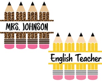 Pencil Name Frame Svg Bundle, Leopard Pencil Name Frame, Pencil Split Monogram Frame, Teacher,School Svg,Png,Dxf,Cricut,Silhouette,Glowforge