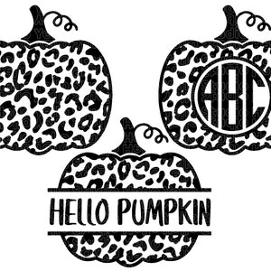 May include: Three black and white leopard print pumpkin cutouts. One pumpkin has the text "HELLO PUMPKIN" across the middle. Another pumpkin has a circle in the middle with the letters "ABC" inside. The third pumpkin is plain.