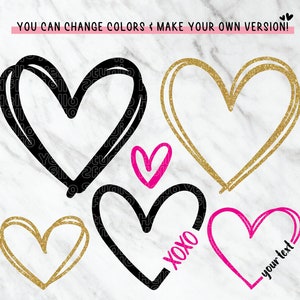 Puede incluir: Cinco formas de coraz&oacute;n dibujadas a mano en negro, dorado y rosa. Los corazones est&aacute;n delineados en negro y rellenos de negro, purpurina dorada y rosa. El texto "XOXO" y "tu texto" est&aacute;n escritos dentro de dos de los corazones.