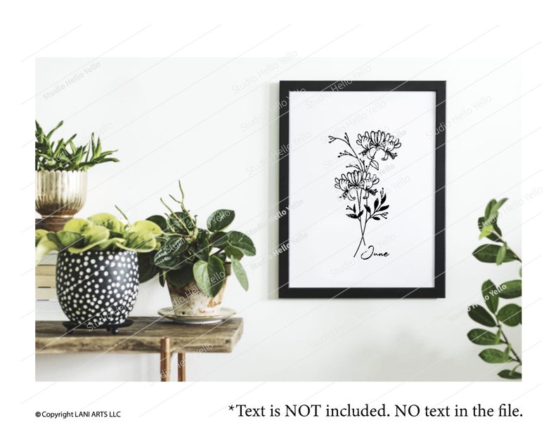 May include: Black and white line art print of a floral bouquet with the word "June" written below. The print is framed in a black frame and hanging on a white wall.