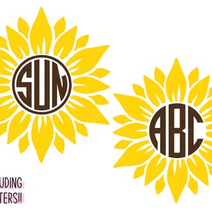 Paquete SVG de monograma de girasol, SVG de girasol, letras de monograma circulares SVG, alfabeto de marco de monograma, archivo de corte para Cricut, Png, Dxf, Glowforge