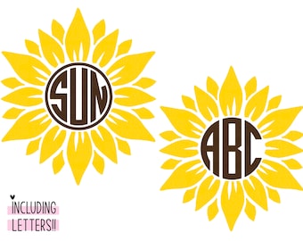May include: Two yellow sunflower designs with brown circles in the center. The circles contain the letters "SUN" and "ABC" in a monogram style.