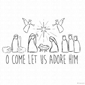 Presépio Svg Png Dxf Desenhado à Mão Natal Cristão Jesus Anjo Natal Religioso O Venha, Adoremo-lo download digital instantâneo