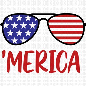 May include: A red, white, and blue American flag design in the shape of sunglasses with the word 'MERICA' written below.