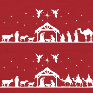 May include: A white silhouette of the nativity scene with two angels above the manger. The scene is set against a red wooden background.