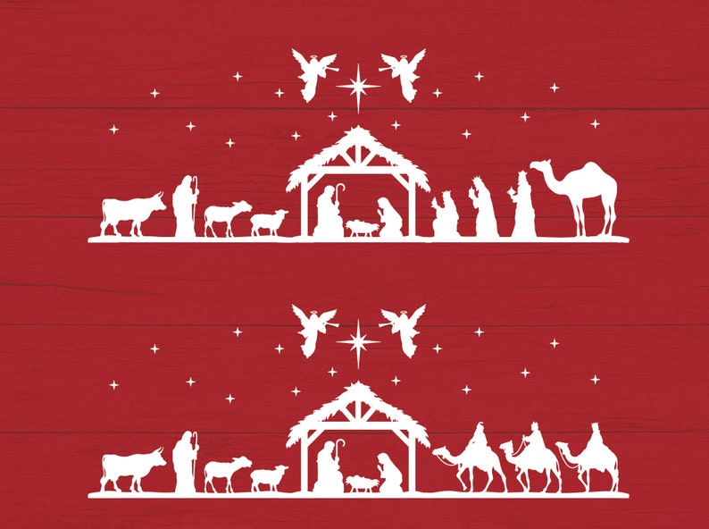 May include: A white silhouette of the nativity scene with two angels above the manger. The scene is set against a red wooden background.