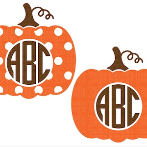 May include: Two orange pumpkins with white polka dots. Each pumpkin has a brown circle with the letters "ABC" inside.