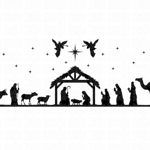 May include: Black and white silhouette illustration of the nativity scene with a star above the manger, two angels, a shepherd, a cow, two sheep, three wise men, and a camel.
