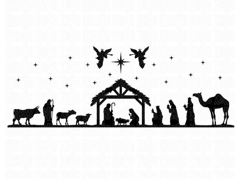 May include: Black and white silhouette illustration of the nativity scene with a star above the manger, two angels, a shepherd, a cow, two sheep, three wise men, and a camel.