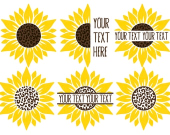 May include: Six yellow sunflower designs with a brown leopard print center. The sunflowers are arranged in two rows of three. The top row has the text "YOUR TEXT HERE" and "YOUR TEXT YOUR TEXT" on the sunflowers. The bottom row has the text "YOUR TEXT YOUR TEXT" on the sunflower in the center.