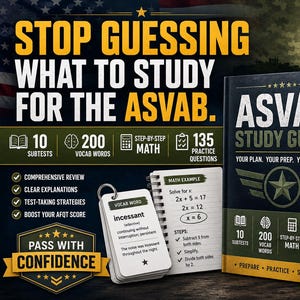 Può includere: Una guida allo studio ASVAB con copertina verde scuro e nera caratterizzata da un emblema a stella, accompagnata da un mazzo di flashcard di vocabolario e un quaderno di matematica a spirale. Il testo recita Stop Guessing What To Study For The ASVAB.