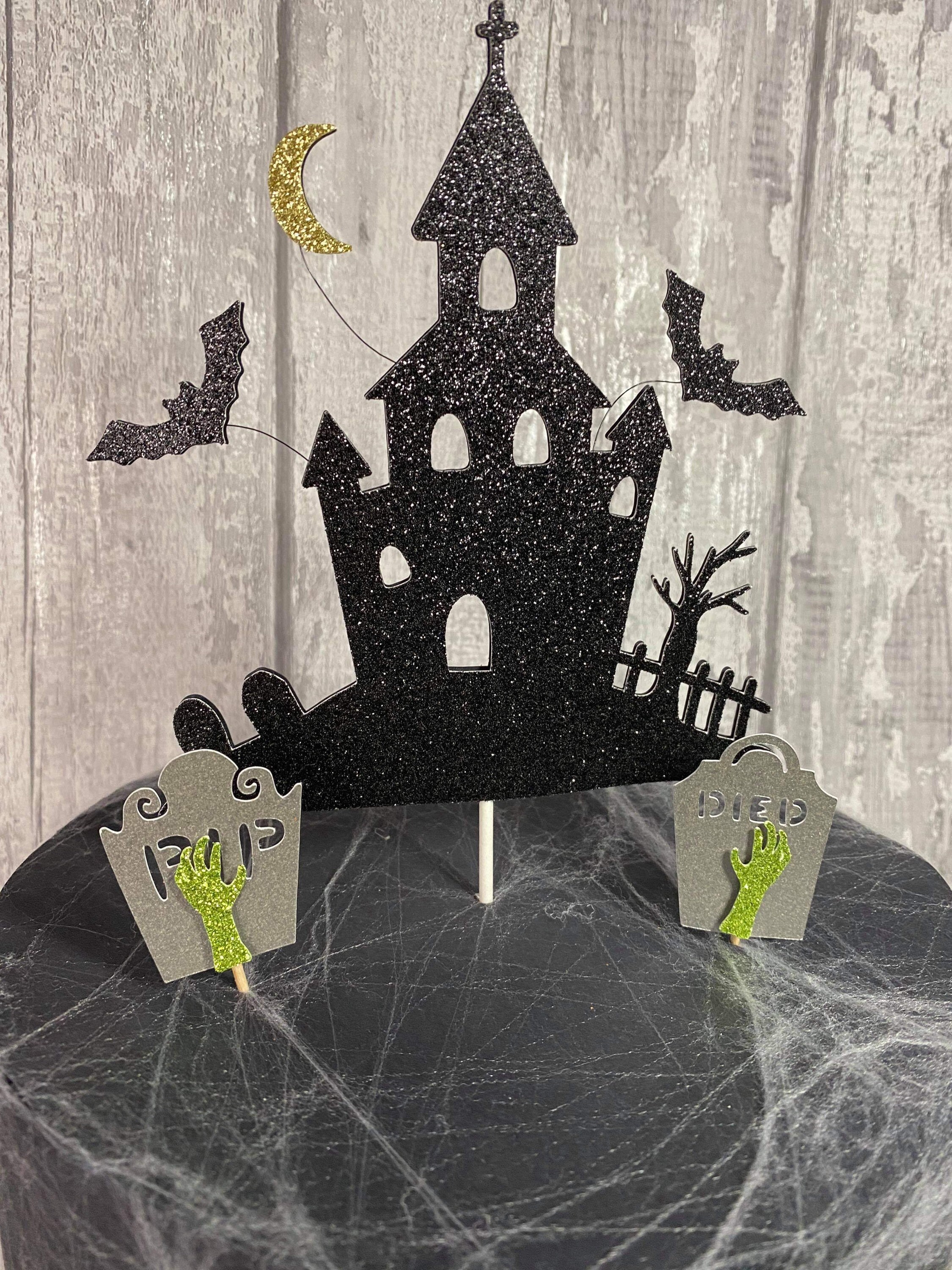 Halloween Happy Birthday Cake Topper - Black Glitter Haunted House Design, 5.9" X 4.3"