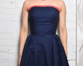 Vintage 1960s Navy Blue With Studded Strapless Dress