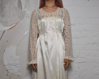 Vintage 1970s "Rivia" Ivory Lace Satin Gown