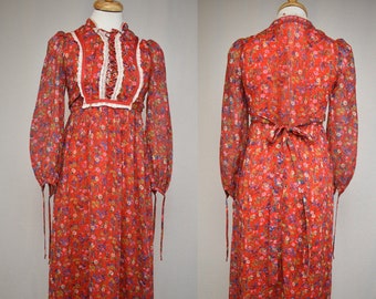 Vintage 70s Gunne Sax Style Dress by Candi Jones California - Red Calico Floral - Prairiecore - Sexy or Prim Neckline - You Decide