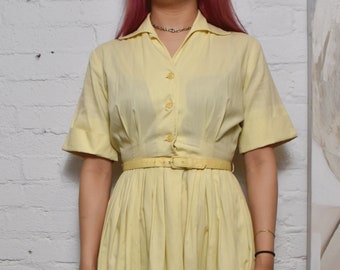 Vintage 1950s Pastel Yellow Pleated Shirt Dress