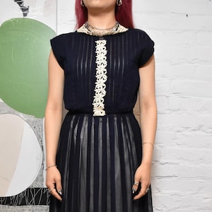 Vintage 1950s Sheer Navy Blue Pleated Dress with Lace Trims