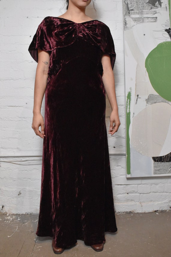 Vintage 1930s Silk Velvet Bias Cut Wine Gown - image 1