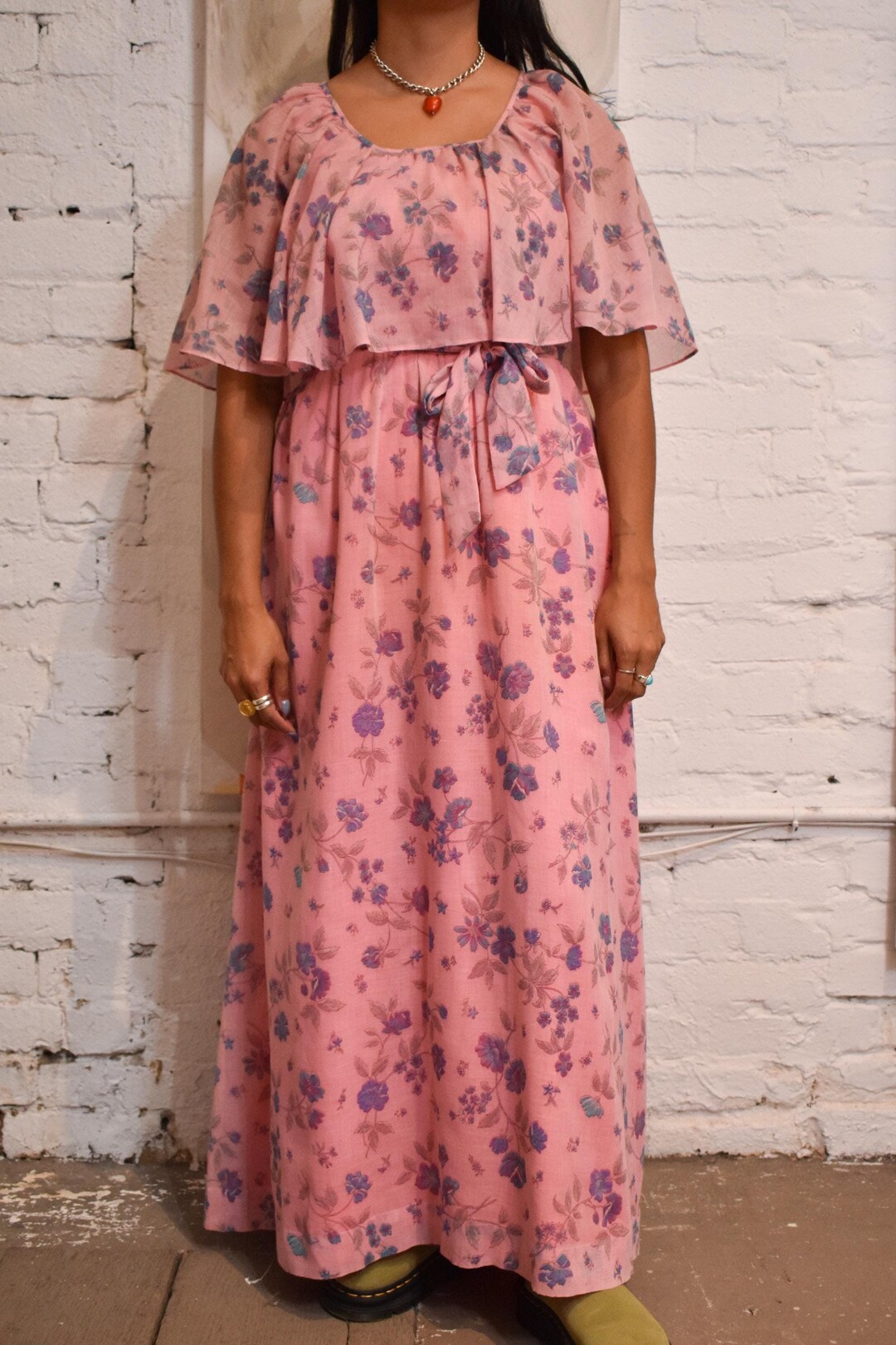 1970s Pink Floral Long Sleeve Maxi Dress main image 0