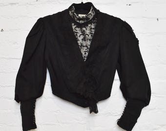 May include: A black cropped blouse with long sleeves and a lace overlay. The blouse has a high neck and a fitted silhouette.