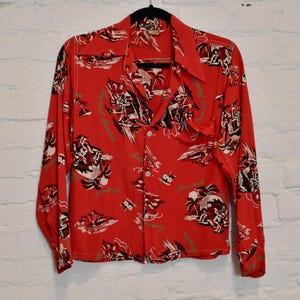 RARE Vintage 40s/50s Made in California Long Sleeve Rayon Hawaiian Button Up Shirt