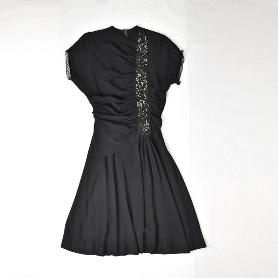 Vintage 40s Rayon Black Dress - Tie Back - Sequin… - image 1