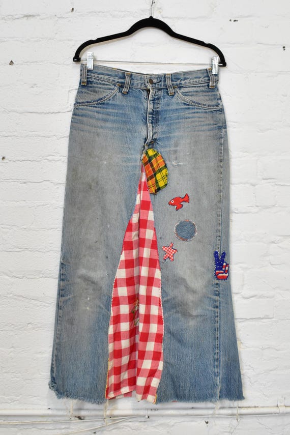 Vintage 1960s 1970s Levis Folkart Denim Patchwork Maxi Skirt