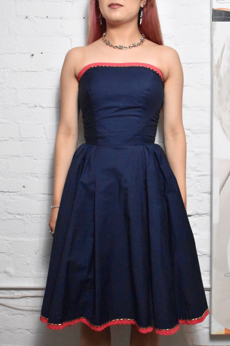 Vintage 1960s Navy Blue With Studded Strapless Dress image 1