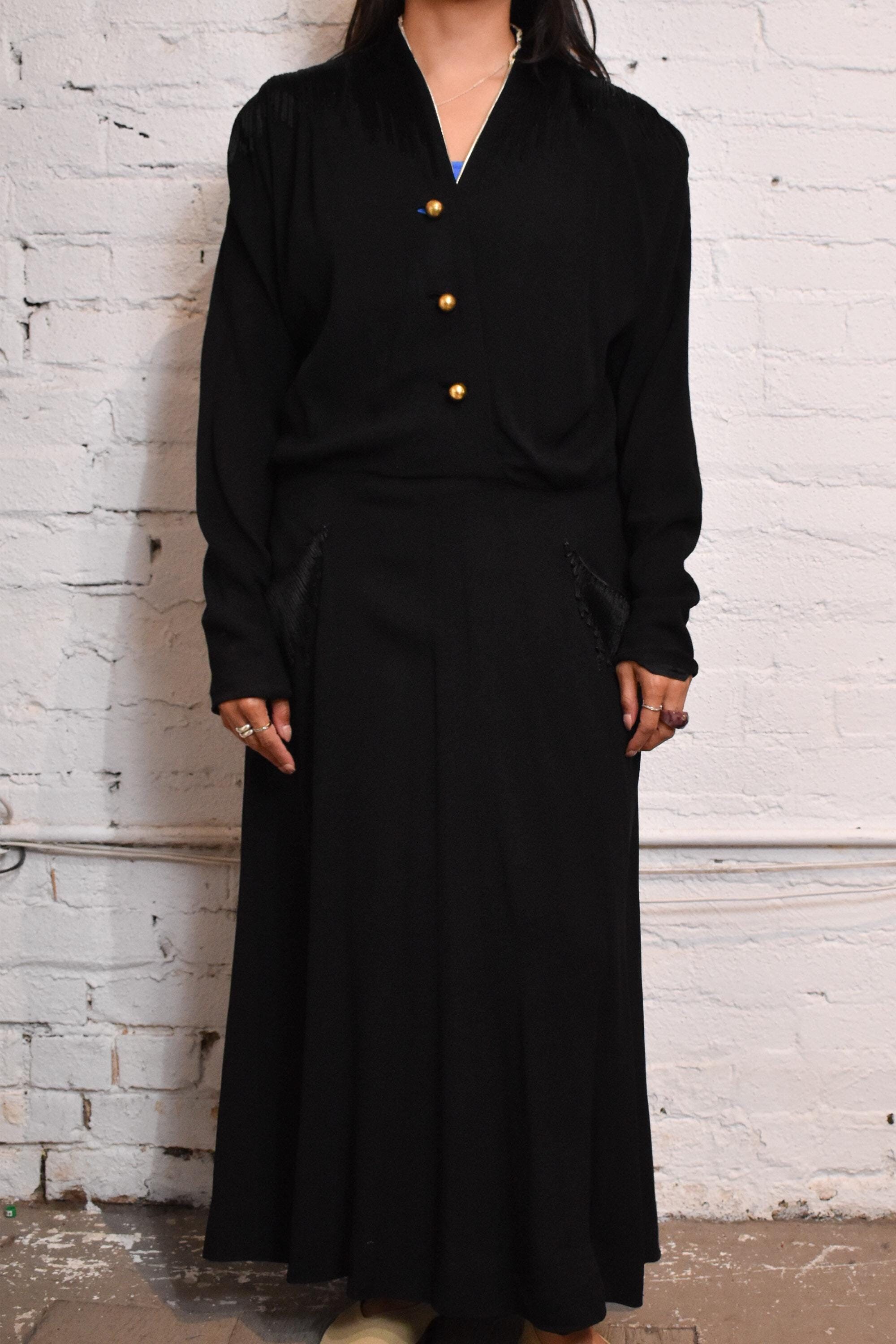 Vintage 1940s Black Dress With Gold Buttons and Embroidery Detailing