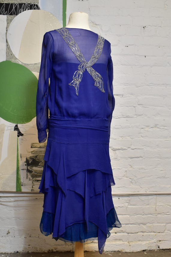 Vintage 1920's Cobalt Blue Novelty Beaded Bow Silk Party Dress - Etsy