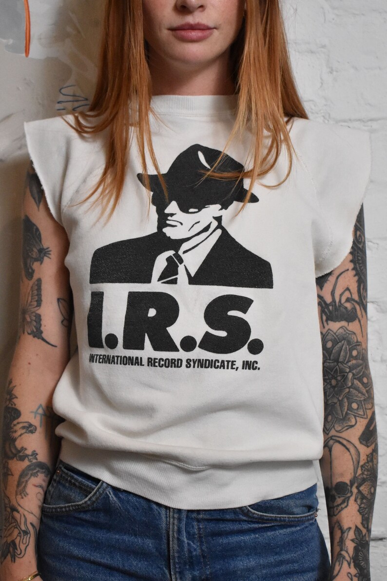 Vintage 1980s I.R.S. International Record Syndicate Cropped Sleeve Sweatshirt image 1