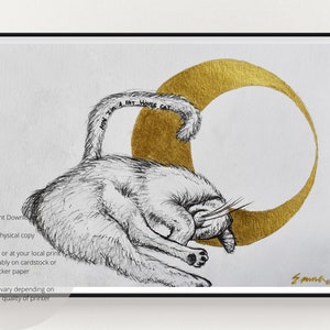 Digital Print of Sleeping Cat and Gold Moon Pen and Paint Art Available in 4x6, 6x8, 4x5, 11x14 inches