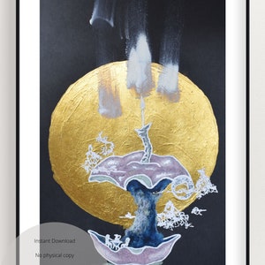 Digital Print Apple Core Fantasy Whimsical Gold Circle Black Paper Candle Fruit on Fire