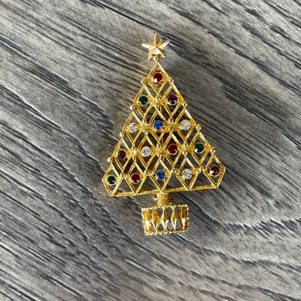 Vintage EISENBERG ICE Christmas Tree With Multicolor Crystals, Gold Tone Brooch, Green, Red, Blue, Clear