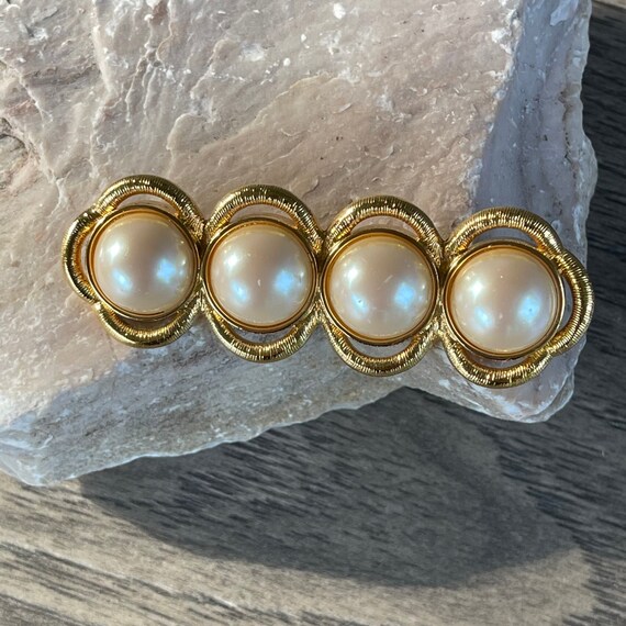 Vintage Gold Tone MONET 4 Faux Pearl Brooch, Mid … - image 1