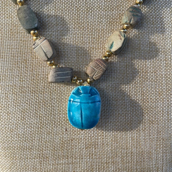 Vintage Soap Stone Scarab Necklace, Egyptian Revi… - image 6